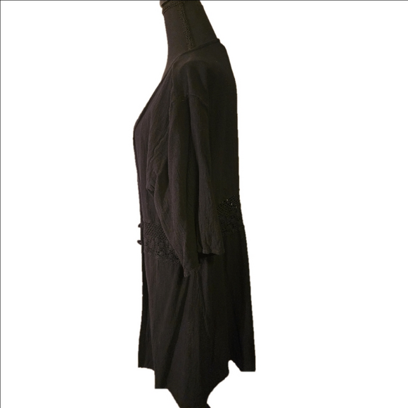Black Cotton Tunic length Button-down Topper Crochet Detail Large - Picture 2 of 4